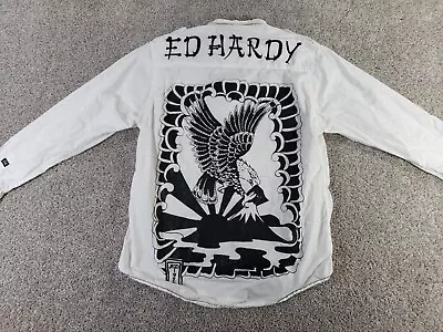 Ed Hardy Men's Long Sleeve Button Up Shirt Medium White Cotton Eagle Print • $39.99