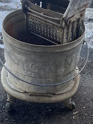 Vintage Galvanized Steel Mopping Bucket On Casters & Mop Wringer • $47.99