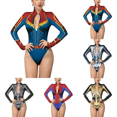 $25.29 • Buy Womens Halloween Skeleton Print Long Sleeve Zipper Jumpsuit Slim Cosplay Costume