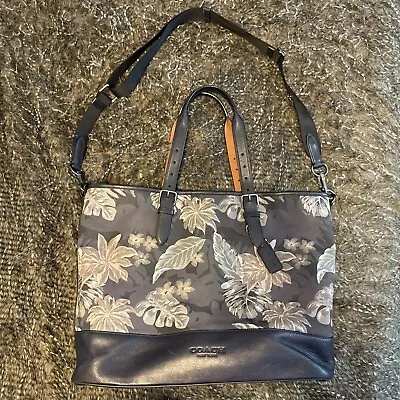 COACH Mercer Tote Bag In Floral Hawaiian Print Canvas & Leather Navy • $100