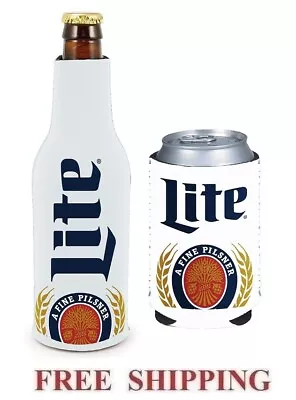 Miller Lite 1 Beer Bottle Koozie + Can Huggie Coolie Coozie Cooler White New • $17.95