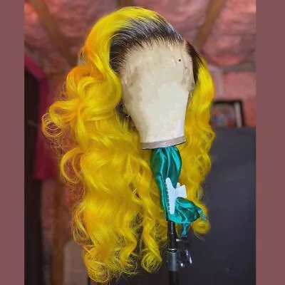 Long Wave Yellow Brazilian 100% Human Hair Wig T Part Lace Front Wig Christmas • $101.99