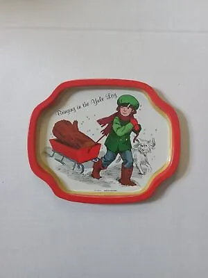 Vintage Christmas Tin Tray ''Bringing In The Yule Log'' Made In Hong Kong • $18