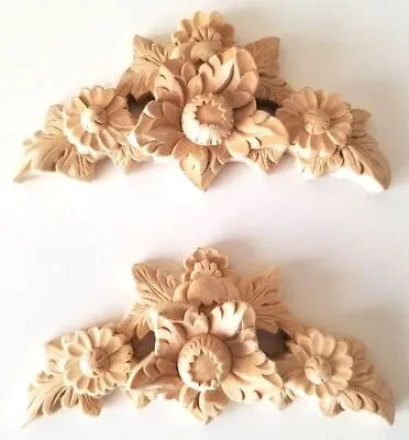 2PC/Pair  5-1/4 W X 2-1/2 H Hand Carved Red Oak Wood Rose Flower Onlay Applique • $18