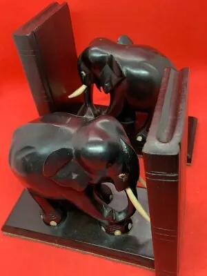 Pair Of Antique Hand Carved Ebony Elephant Bookends Old! • $34.99