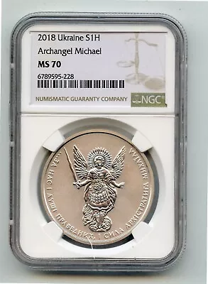 2018 Ukraine 1H Archangel Michael 1 Troy OZ .999 Fine Silver Coin  (MS70) NGC • $62