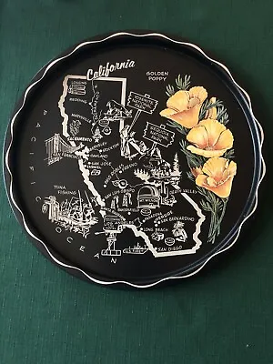 CALIFORNIA TRAY STATE MAP  11”Dia ROUND METAL ART MCM SOUVENIR SERVING • $8.99