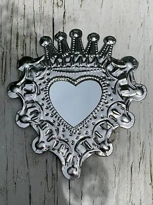 Heart & Crown Mirror Milagro Mexican Handmade Tin Ornament 6x5 3/$28 H14 • $10.90