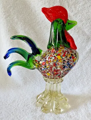 Large Heavy Murano Style Art Glass Confetti Rainbow Rooster Figurine 9” • $35