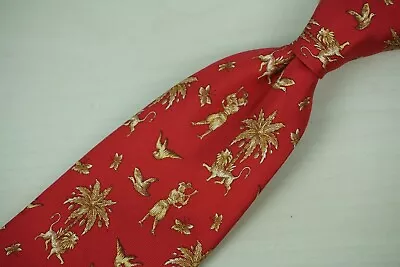 Salvatore Ferragamo Cherry Red Gold Anicent Figure Animal LUXURY Silk Tie • $118.62
