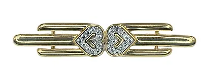 Vintage MONET Signed Bar Brooch Double Hearts Pave Rhinestones Gold Tone Pin • $12.68