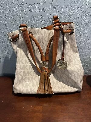 Michael Kors Weston Optic Tan/Brown MK Printed Drawstring Large Shoulder Bag • $100