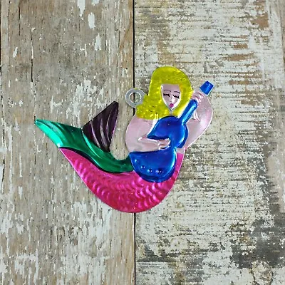 Mexican Tin Mermaid Pink Tail Blue Guitar Decoration • £3