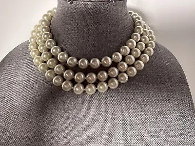 Vintage Kenneth J Lane 3 Row Glass Pearl Necklace With Pave Crystal Clasp • $185