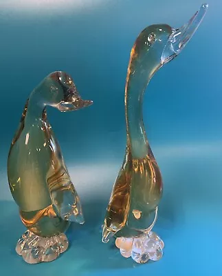 Blown Glass Amber Set Of Ducks MCM Art Murano Style  • $50