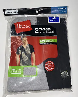 $11 • Buy Men's 2 Hanes V Neck Tagless Comfort Soft T Shirt Size Large NWT Gray/black