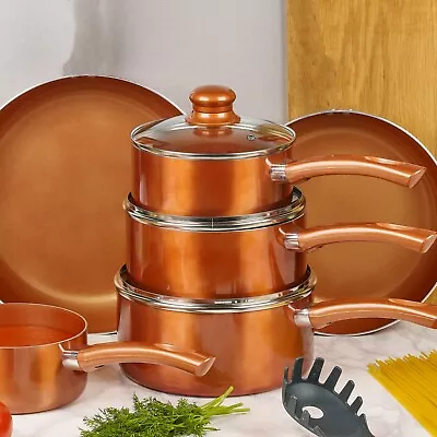 4 PCS URBN-CHEF Ceramic Copper Induction Cooking Pots Lid Saucepans Cookware Set • £34.99