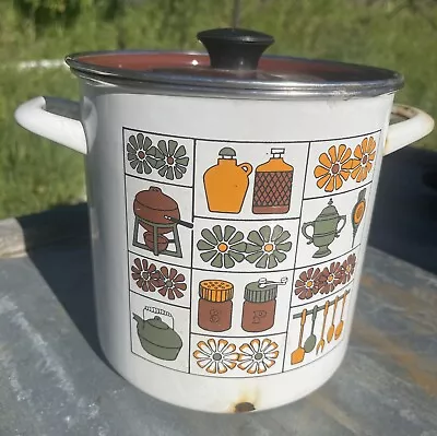 Vintage Enamelware 4 Qt Stock Pot W/ Lid Brown Yellow Retro Kitchen Ware 7” Deep • $17.95