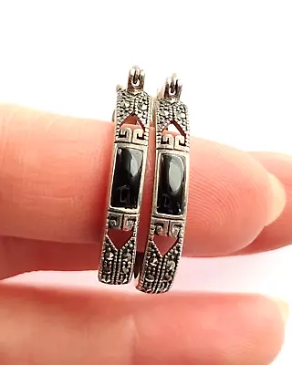 ! Gorgeous Vintage SLC Thailand 925 Sterling Onyx & Marcasite Oval Hoop Earrings • $32