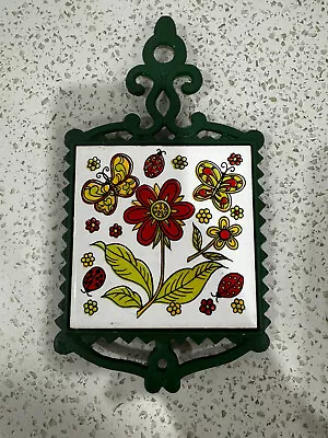 Vintage 1970's Mod Flower & Butterfly Green Cast Iron Trivet • $17.89