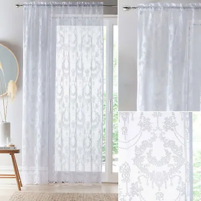Damask Lace Net Curtain Traditional Vintage Sheer Panel Voile Slot Top White • £7.99