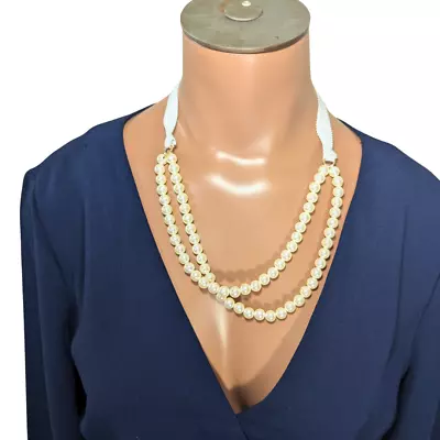 J.Crew Double Strand Faux Pearl Ribbon Tie Statement Necklace • $19.99