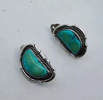 Vintage Navajo Sterling Silver Turquoise Earrings NON Pierced Clips Signed  S  • £20.06