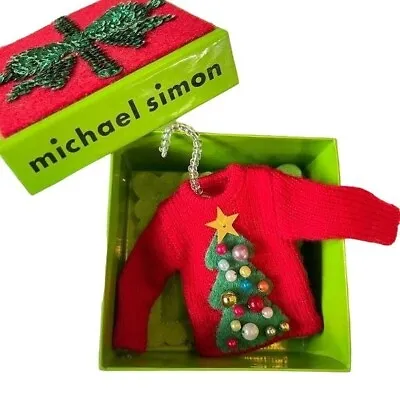 Michael Simon Mini Sweater Ornament Christmas Tree Red Beaded Hanger Art Box VTG • $73.15