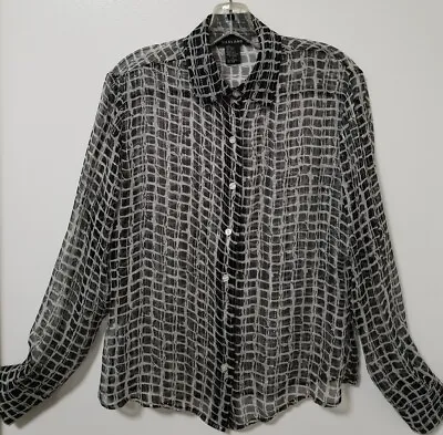 Silkland Black White Check Slik Chiffon Semi-Sheer Button Up Blouse Size Medium  • $19.94