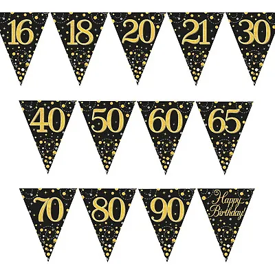 12ft Black & Gold Birthday Bunting Decoration Triangle Flag Banner Party Decor • £3.35