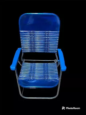 Vintage Blue Vinyl Tube Plastic Aluminum Folding Lawn Chair Retro • $40