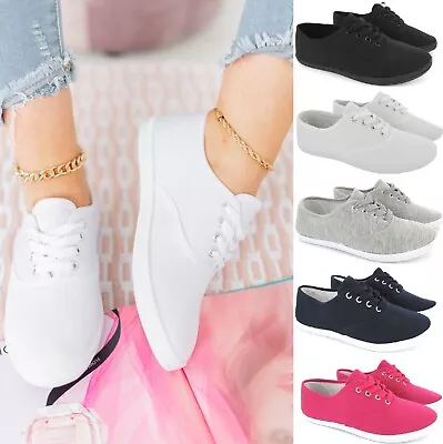 Ladies Womens Plimsoles Lace Up Flat Pumps Plimsolls Canvas Girls Trainers Size • £8.95