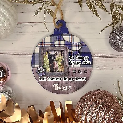 Pet Personalised Memorial Wooden Christmas Tree Bauble Decoration - Blue - Photo • £4.99