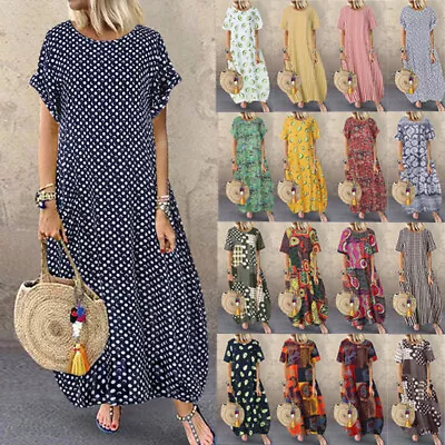 ZANZEA Women Summer Short Sleeve Polka Dot Casual Loose Long Maxi Dress Kaftan • £7.19