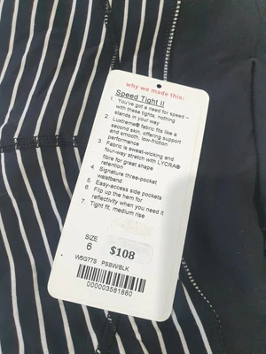 $28 • Buy Lululemon Speed Tight II Parallel Stripe Black/white 6 Au 10