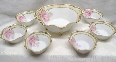 R.S Germany Footed Porcelain Berry Nut Bowl Set Of 7 Hand Painted Roses Gold • $45