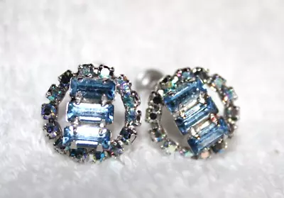 Weiss SIGNED Blue Rhinestones & Crystals Screw Earrings Vintage Estate Jewelry • $17.50