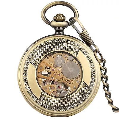 Vintage Mechanical Black Steampunk Skeleton Pocket Watch With Chain For Men • £25.98