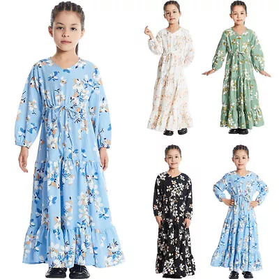 Islamic Kids Girls Print Long Dress Abaya Muslim Girls Kaftan Abaya Party Robe • £12.99