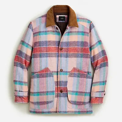 New Men's J Crew Plaid English Wool Barn Jacket In Pink Madras Print • $249.99