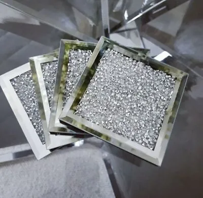 4xSquare Mirrored Crushed Crystal Coasters Sparkle Table Mats Diamond Glitter UK • £8.89