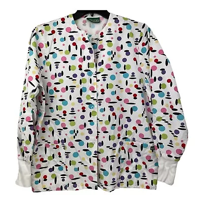 UA Scrubs Scrub Top Womans Medium Long Sleeve White With Circles Pockets Ladies • $8.70