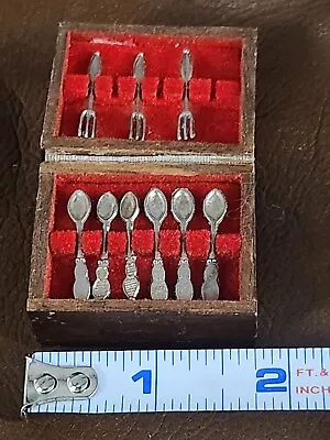 Dollhouse Miniature Silverware Set In Wood Case Metal Spoons And Firks • $13