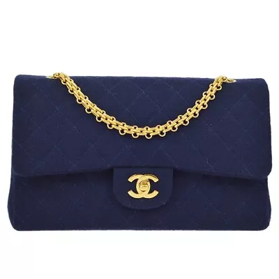 Chanel Navy Cotton Medium Classic Double Flap Shoulder Bag KK91175 • £2409.44