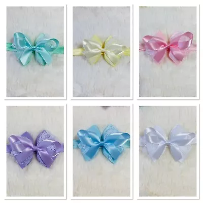 Bow With Lace Baby Headband 3'' Bow Baby Girls Headbands Hairband All Sizes • £3.99