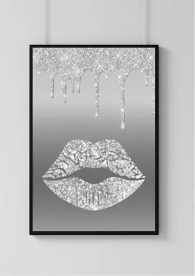 £5.49 • Buy Silver Kiss LIPS PRINT Digital Dripping Glitter PICTURE Poster A4 Art Unframed