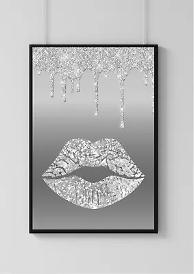 £5.49 • Buy Silver Kiss LIPS PRINT Digital Dripping Glitter PICTURE Poster A4 Art Unframed