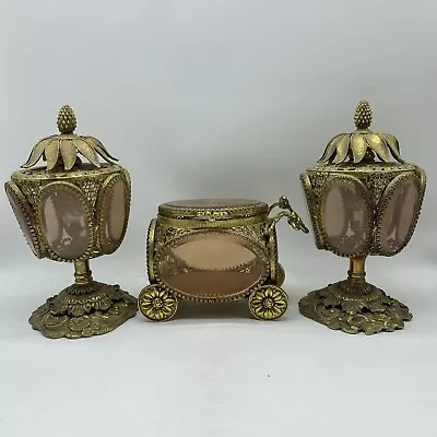 Antique Ormolu Vanity Set Perfume & Trinket Jewelry Box Carriage Rose Jewels 8” • $254.99