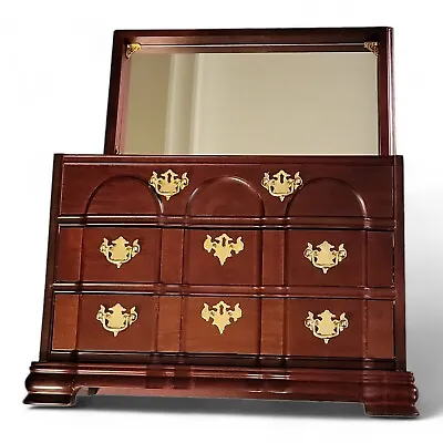 Vintage Wood Jewelry Chest Box Cherry Finish 2 Drawers Lift Top Mirror • $69