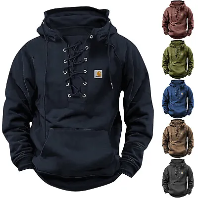 Men's Multi Pocket Leather Patch Hooded Solid Color Hoodie Sports Sweater Jacket • $25.99